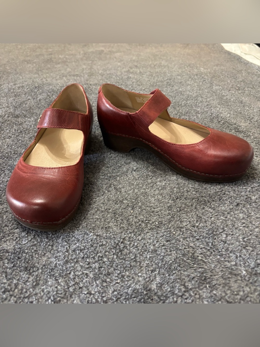 Dansko Red Leather Mary Jane Clogs with Heel + Buckle Strap